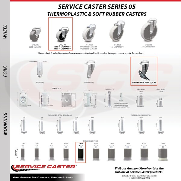 Service Caster 2 Inch Thermoplastic Wheel 1-1/4 Inch Expanding Stem Caster Set with 2 Brakes SCC-EX05S210-TPRS-114-2-SLB-2 - main